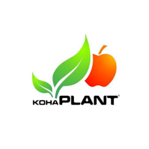 Logo Koha Plant - cierne pismo so zelenou rastlinou a oranzovym jablkom