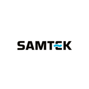 Logo Samtek - moderne jednoduche logo ciernej farby so svetlomodrou modrou castou