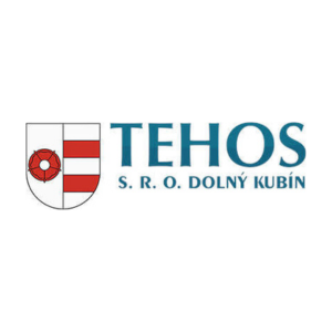 Tehos logo - napis modrej farby s erbom Dolneho Kubina